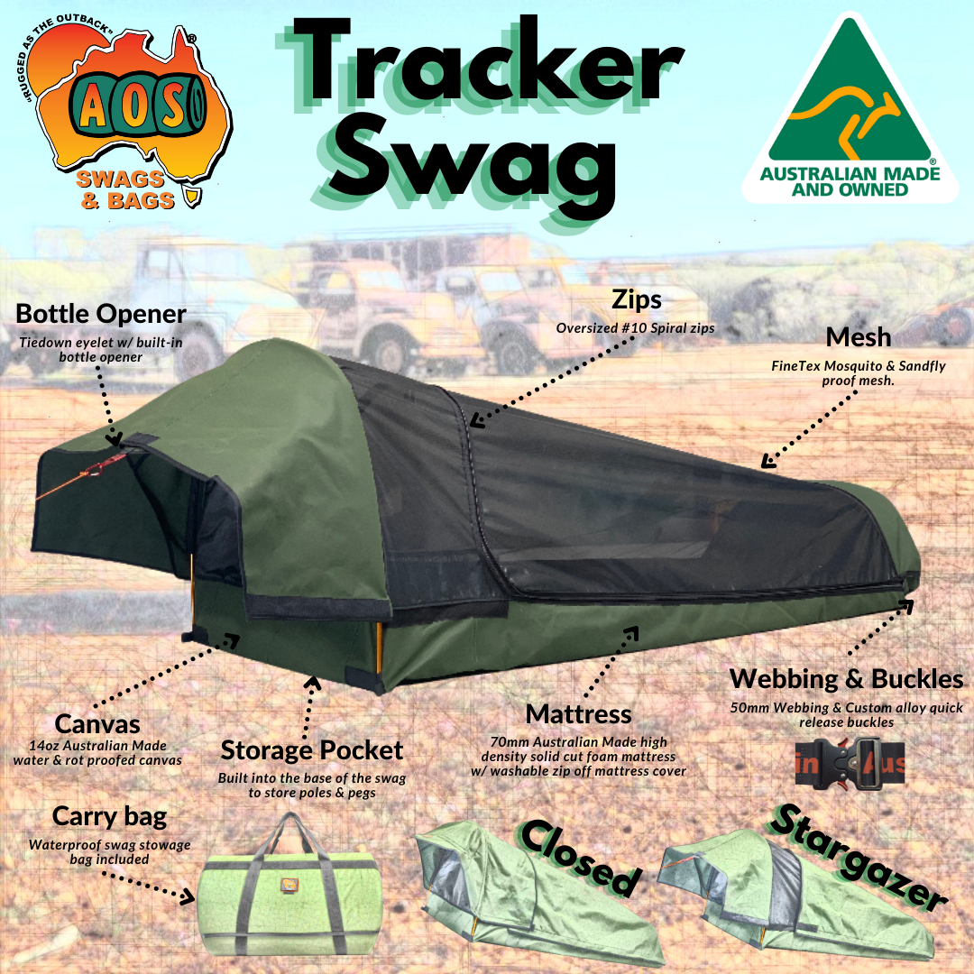 AOS Australian Made Tracker Deluxe Dome Swag King Single, green canvas camping gear for outdoor adventures.