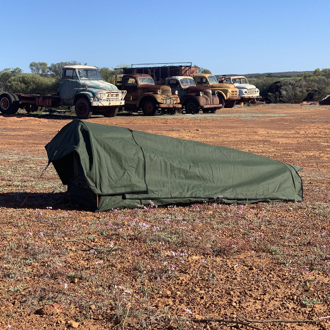 AOS Australian Made Tracker Deluxe Dome Swag King Single, green canvas camping gear for outdoor adventures.