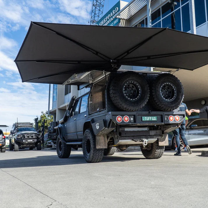 Clevershade 270 Deluxe Awning in black for passenger side, ideal for outdoor shade, does not include mount kit.