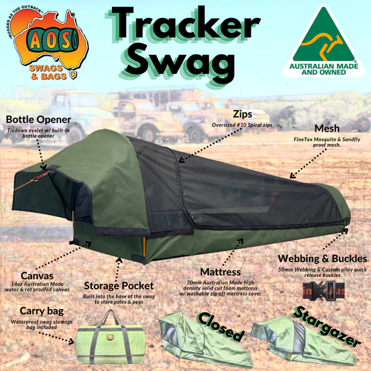 AOS Australian Made Tracker Deluxe Dome Swag King Single, green canvas camping gear for outdoor adventures.
